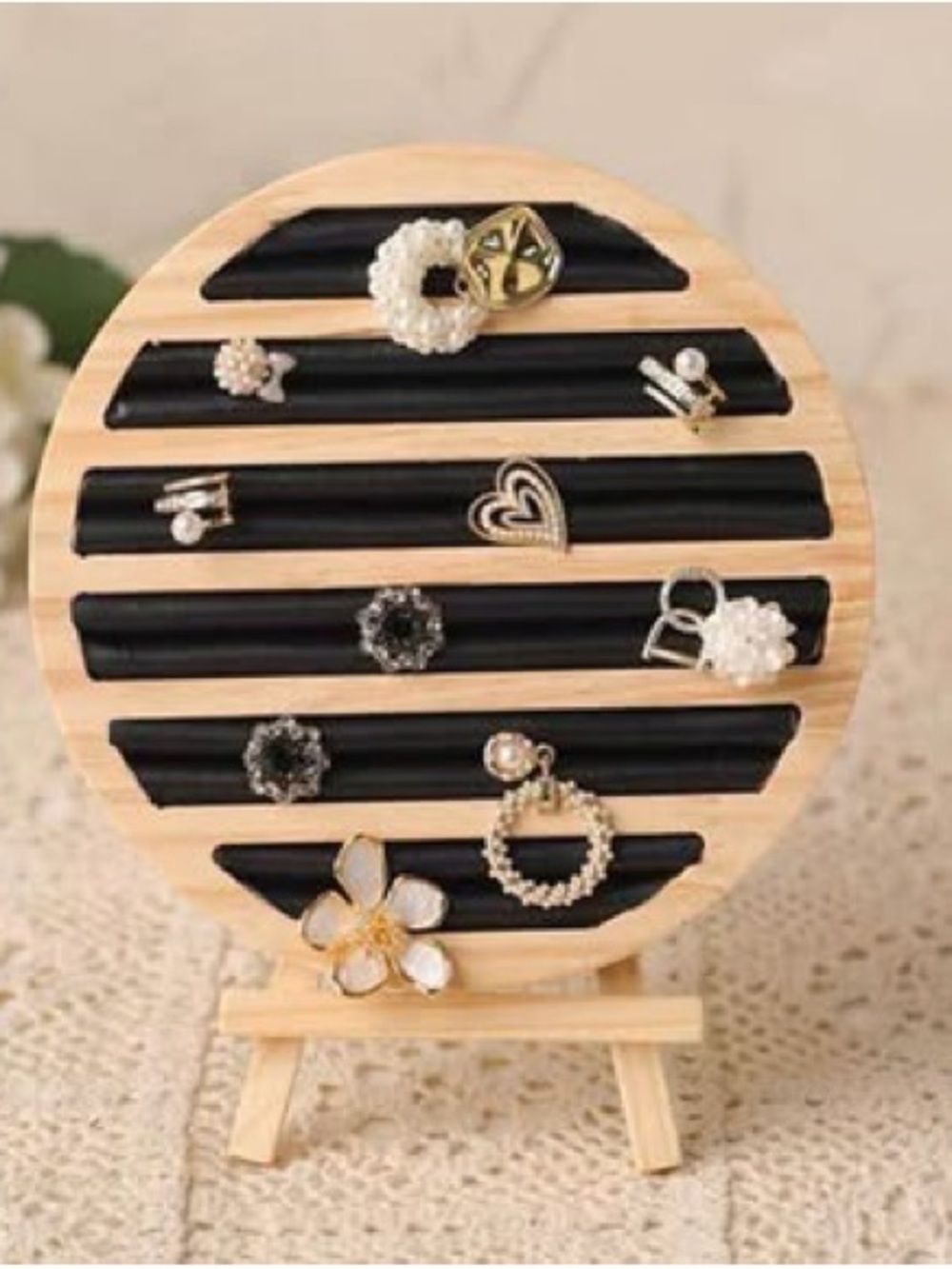 Black Round Leather Jewelry Display Stand｜Wooden Base Earring & Ring Holder